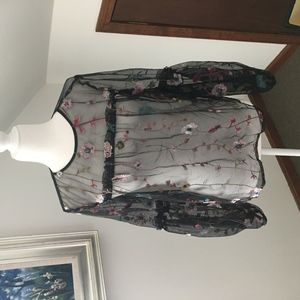 Sheer black long-sleeve top with floral design